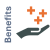 Icon_Benefit_Wissensdatenbank An icon of a hand with red plus signs above it, next to the word "Benefits" in vertical text.